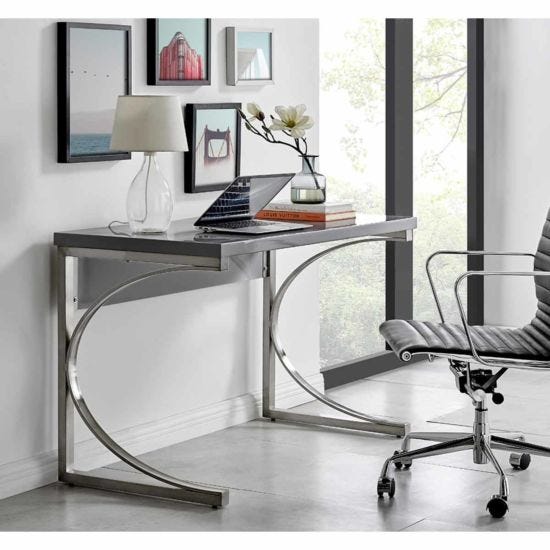 Furniture Box Valencia Grey High Gloss & Brushed Chrome Modern Office Desk Home Working Large 120cm