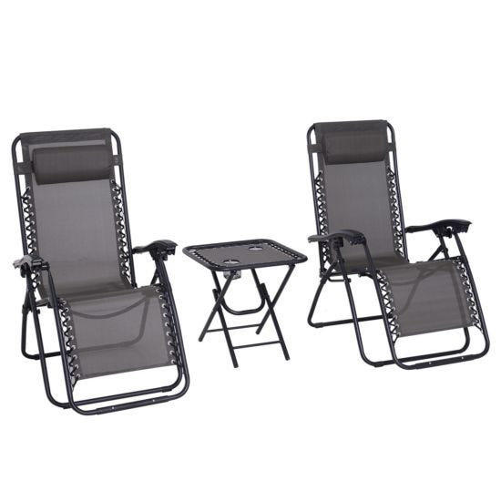 Outsunny 3pc Zero Gravity Chair and Table Set w/ Cup Holders - Dark Grey