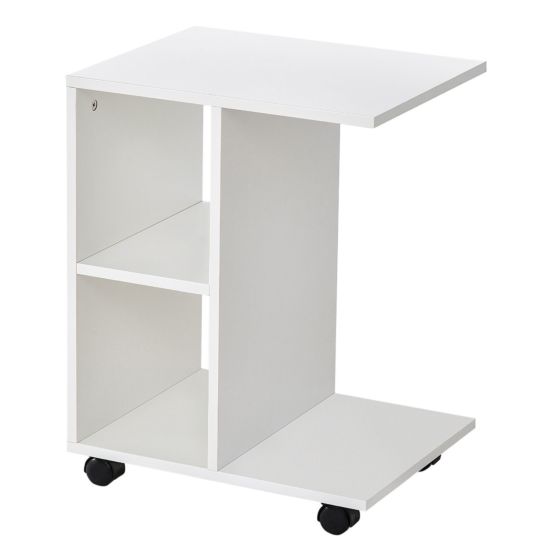 Homcom C Shape End Table Storage Unit With 2 Shelves 4 Wheels White