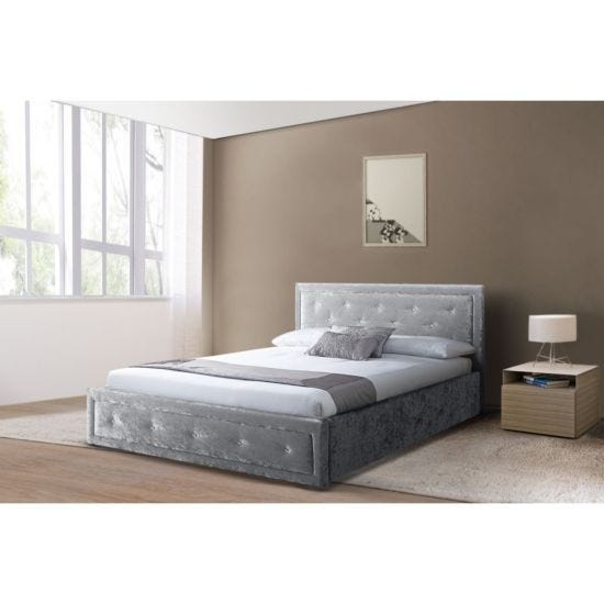 SleepOn Fabric Diamante Ottoman Bed Frame In Silver King Size