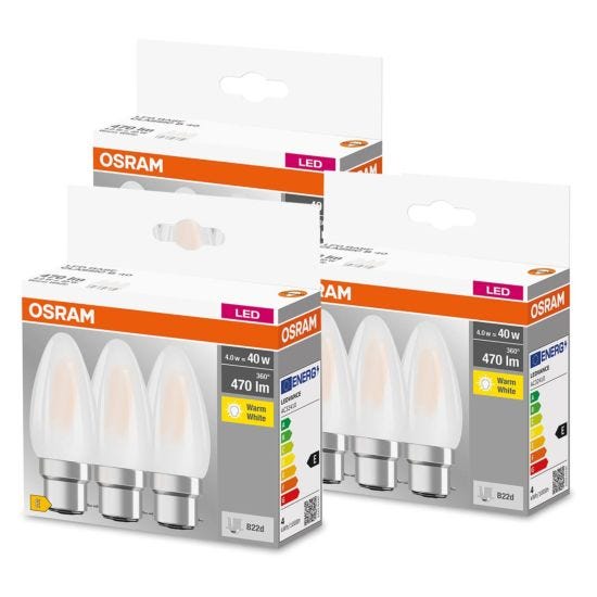 Osram 40W Filament Frosted B22D/E14 Candle LED Bulb 9 Pack - Warm White