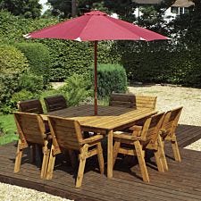 Charles Taylor 8 Seater 6 Chair and Bench Square Table Set with Burgundy Cushions, Storage Bag, Parasol and Base