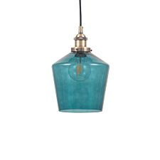 Teal Glass and Antique Brass Metal Pendant