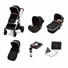 Ickle Bubba Eclipse Travel System With Galaxy Car Seat And Isofix Base - Jet Black On Chrome With Tan Handles.
