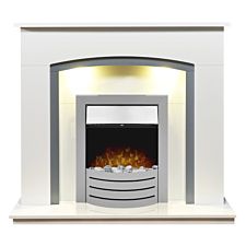 Adam 2kW Tuscany Fireplace in Pure White & Grey with Comet Electric Fire in Brushed Steel 48 Inch