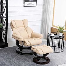 HOMCOM Faux Leather Manual Reclining Armchair Footstool Set Duo Padded Seat Beige