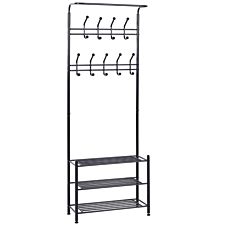 Homcom Coat Rack Stand Hall Tree With 18 Hooks 3 Tier Shoe Rack For Entryway Black