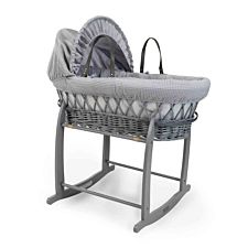 Waffle Grey Wicker Moses Basket in Grey & Grey Deluxe Rocking Stand - Grey