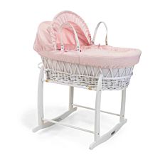 Waffle White Wicker Moses Basket in Pink & White Deluxe Rocking Stand - Pink