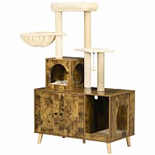 Pawhut Litter Box Enclosure With Cat Tree Tower Rustic Brown
